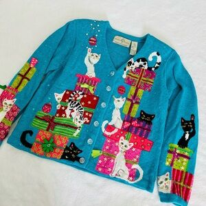Vintage Blue Cat & Gift Christmas Sweater Cardigan